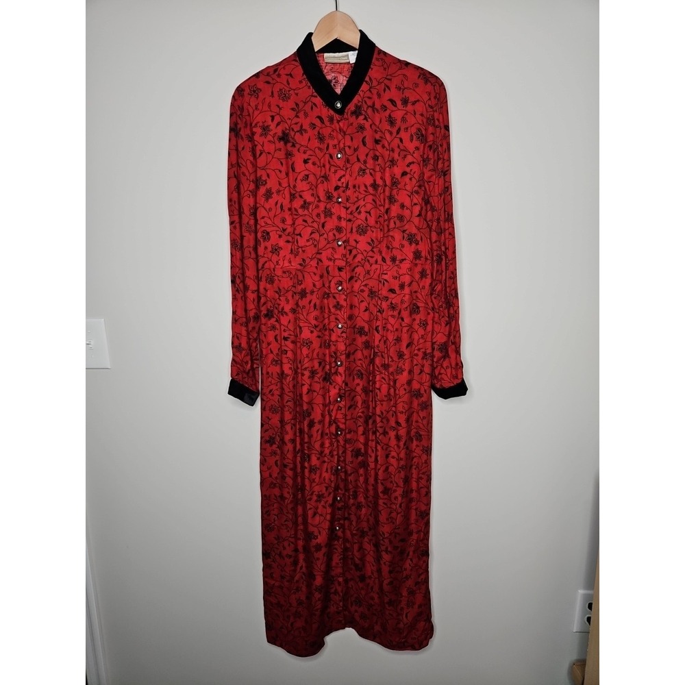 Vintage Coldwater Creek Dress 10 Red Floral Velvet Trim Prairie Embroidered